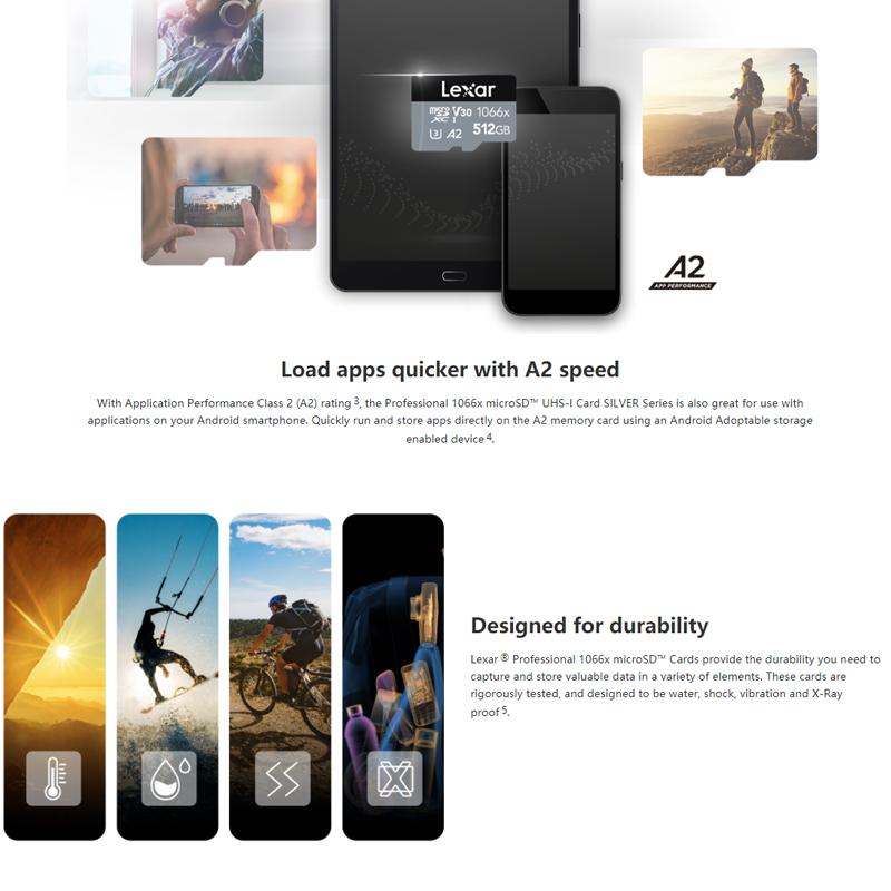 Lexar Профессиональные камеры 1066x 4K, дроны, видео Full-HD и 4K UHD, карта памяти TF 64/128/256 ГБ