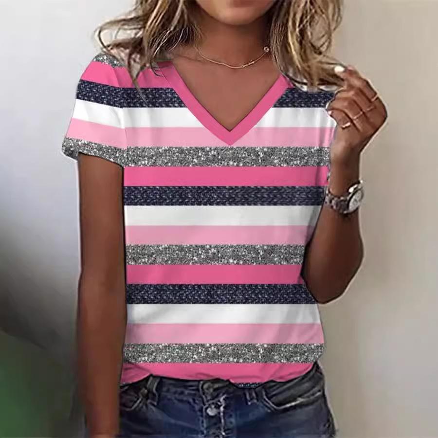 Summer V-neck 3D Multi-color Stripes Printed Top Fashionable Casual Short Sleeved Women's T-shirts