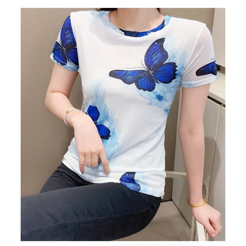 Western Butterfly Print Short Sleeved Women's Fashionable Ice Silk Mesh Top Slim Fit Versatile T-shirt