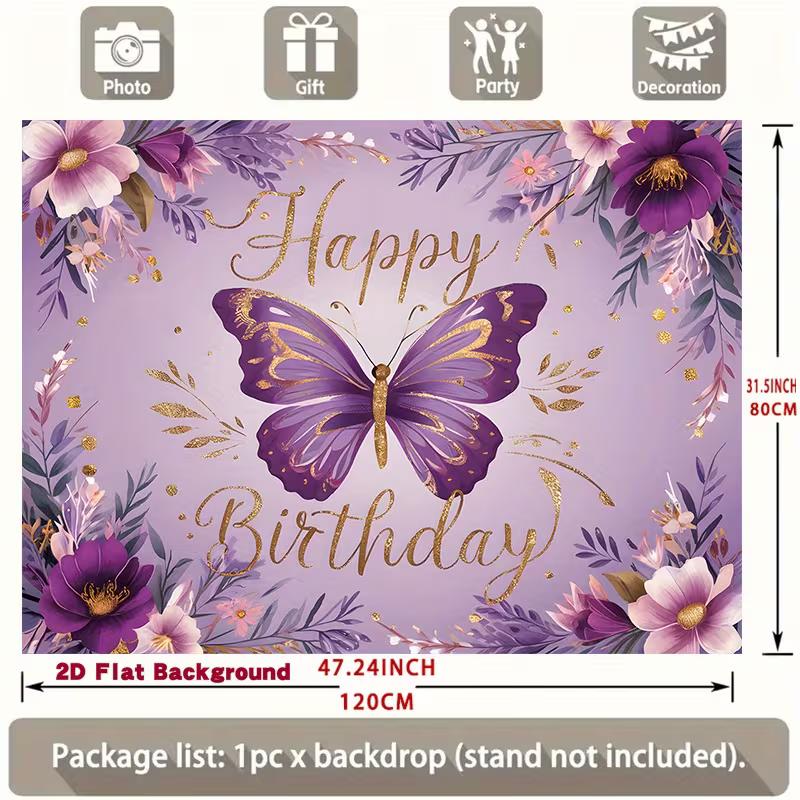2D Whimsical Purple Butterfly Birthday Backdrop with Flowers Photo Booth Banner