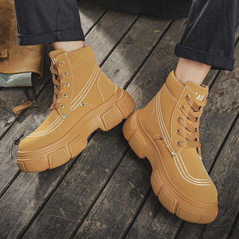 Осенне-зимняя мода Мужские желтые ботинки Модные уличные кожаные ботильоны Мужские рабочие ботинки Массивные мотоциклетные ботинки на шнуровке