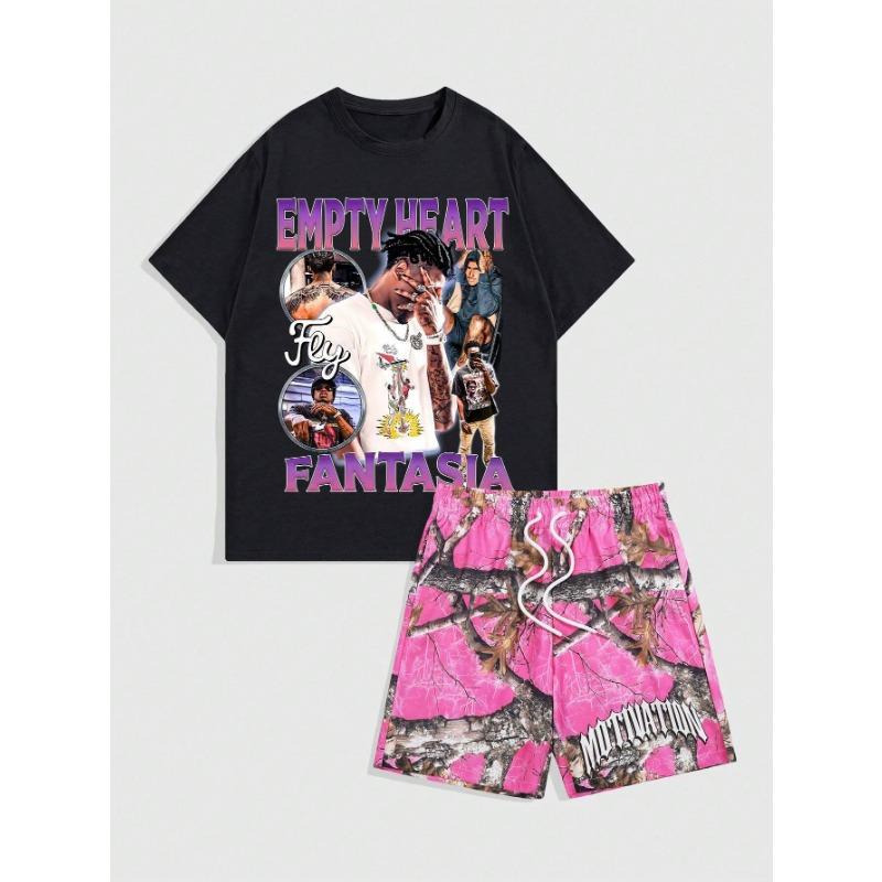 Мужская повседневная летняя футболка с круглым вырезом, рисунком в виде персонажей мультфильмов и букв, короткими рукавами и шортами на завязках