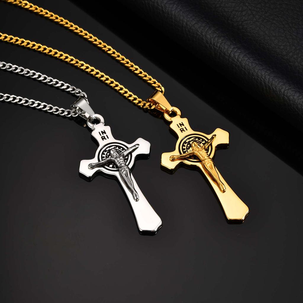 Catholic Jesus Cross Stainless Steel Necklace Gold Color Saint Benedict Pendant Religion Prayer Faith Jewelry for Men Women Gift