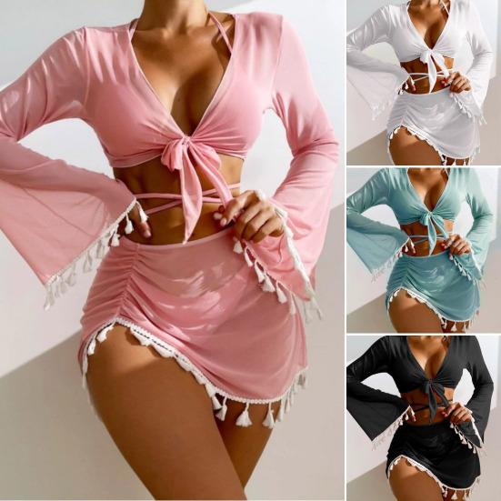 4Pcs/Set Women Sexy Bikini Set Halter Lace-up Triangle Bra Briefs Swimsuit Cover