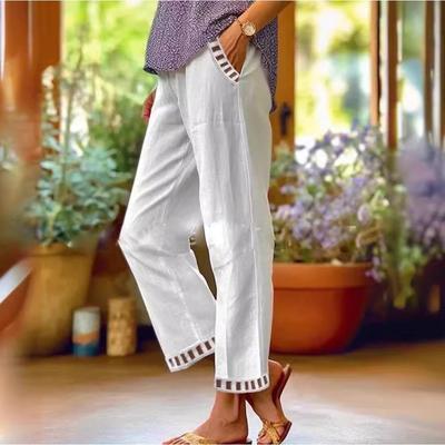 Женские летние белые хлопковые льняные брюки с карманами, винтажные повседневные прямые брюки с эластичной резинкой на талии