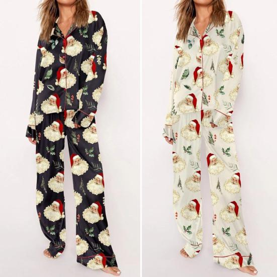 2 Pcs/Set Christmas Women Pajamas Suit Satin Santa Printing Lapel Long Sleeve Top Wide Leg Pants Sleepwear Casual Home Wear Clothes