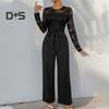 Women's Long Sleeve Lace Formal Jumpsuit High Waisted Wide Leg Pants Romper with Belt Summer One Piece Overalls Outfit