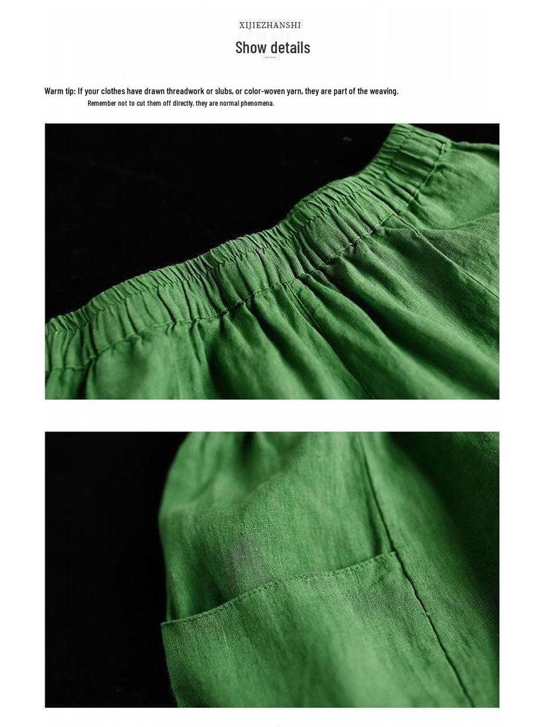 Women's Summer 100% Cotton Linen Lantern Pants - Casual, Loose, Nine-Point, Tie-Cuff Harem Style