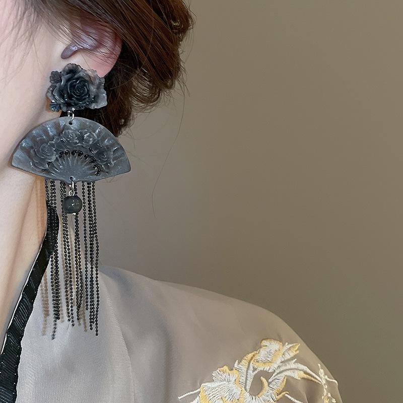 GemChic Women's Earrings Chinese Style Resin Flower Fan Fringe Vintage Long Drop Earrings Birthday Christmas Jewelry Gift