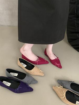 Мода Модные женские туфли-лоферы с острым носком Лето-Осень Туфли на плоской подошве Низкий каблук Дизайн с бантом Черный Серый Красный Бежевый Туфли-лодочки для вечеринок 39