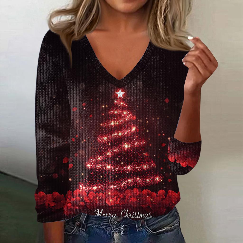 Women's Cute Sweatshirt Knitted Fashion Casual V-neck Long-sleeved Cozy Print Top