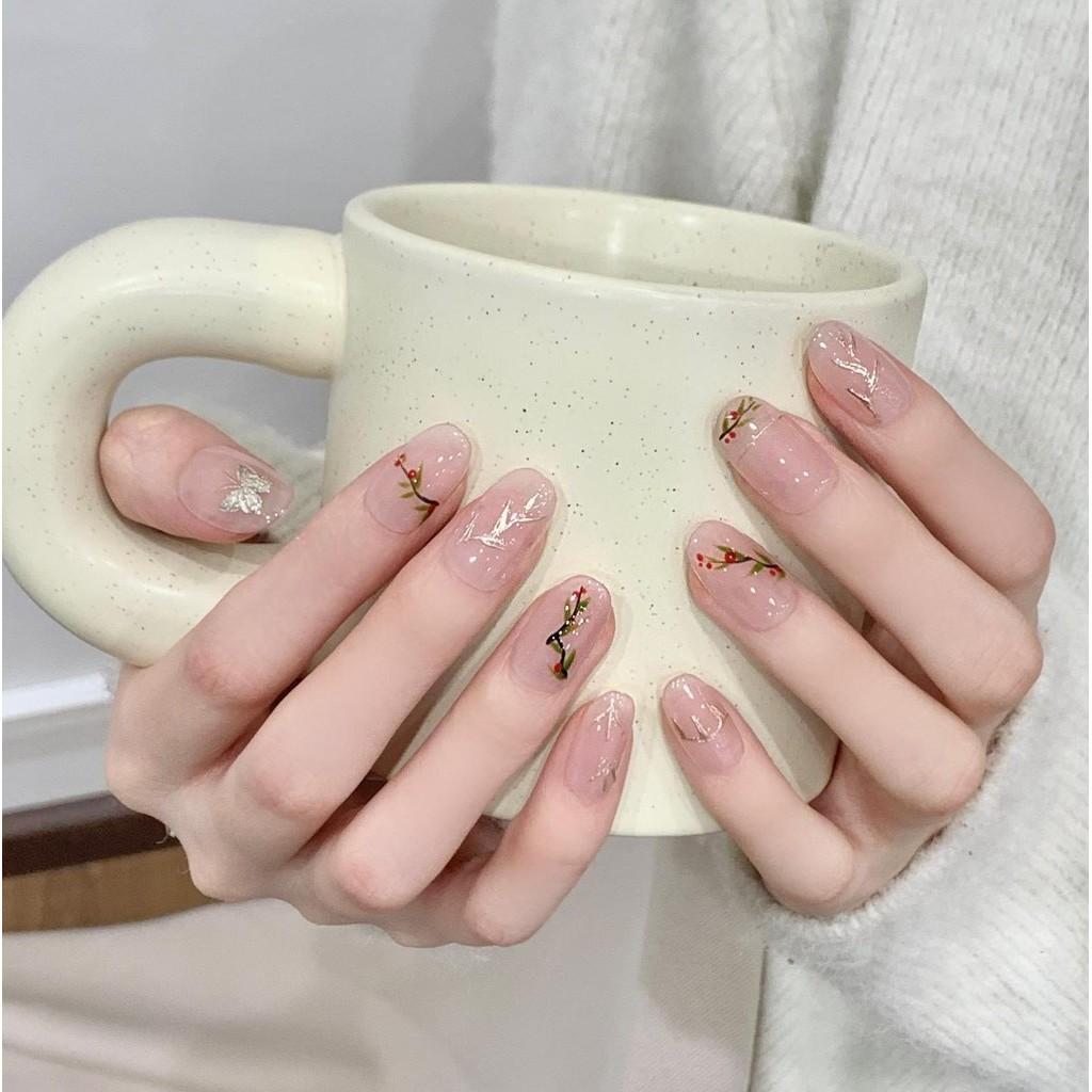 Искусственные ногти РУЧНОЙ РАБОТЫ Оригинальная акация Красная фасоль Ручная роспись кошачий глаз Весна Лето Набор накладных ногтей с клеем Многоразовый и съемный пресс для ногтей