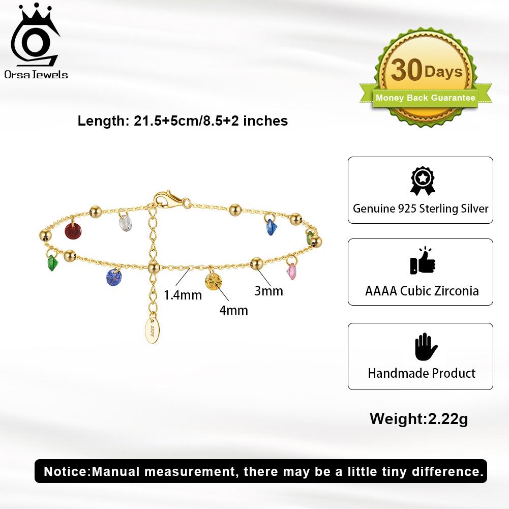 ORSA JEWELS Новый летний пляжный браслет на щиколотку Модный 925 пробы Серебряная кабельная цепочка Разноцветный 4A Цирконий Браслет на щиколотку для женщин ювелирное изделие SA93