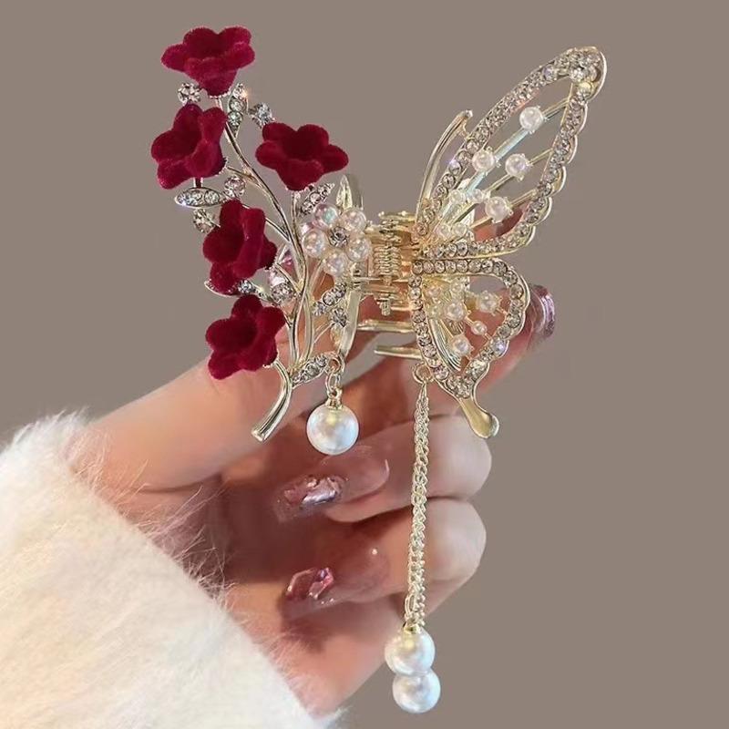 Винтажные бархатные когти для волос с красной розой для женщин, роскошные металлические зажимы, заколки для волос, заколки для волос, новые аксессуары для волос со стразами, головные уборы