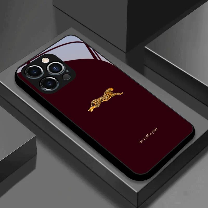 Чехол из закаленного стекла с леопардовым принтом винно-красного цвета для iPhone 17 Pro Max 16 15 14 13 12 11 Pro 16E 17Air 7 8 Plus XR XS X