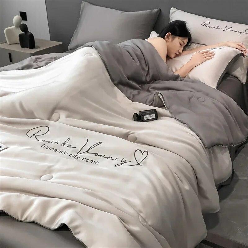 100% стираное шелковое летнее одеяло с вышивкой, гладкое охлаждающее лед одеяло для кровати, шелковистое однотонное одеяло, мягкое прохладное летнее одеяло