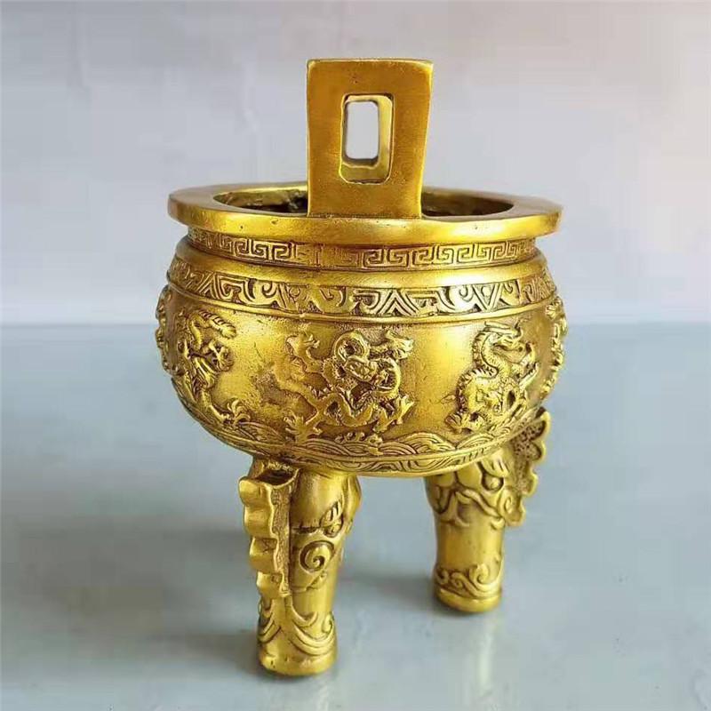 Brass Nine-Claw Qinglong Incense Burner Three-Legged Pattern Dragon Round Tripod Craft Ornament