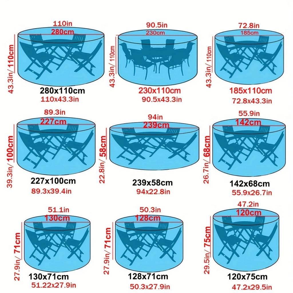 Водонепроницаемый круглый чехол для садовой мебели - Устойчивый к УФ-излучению и ветру, Пыленепроницаемый защитный чехол для набора уличного стола и стульев, Черный, Дождь, Снег