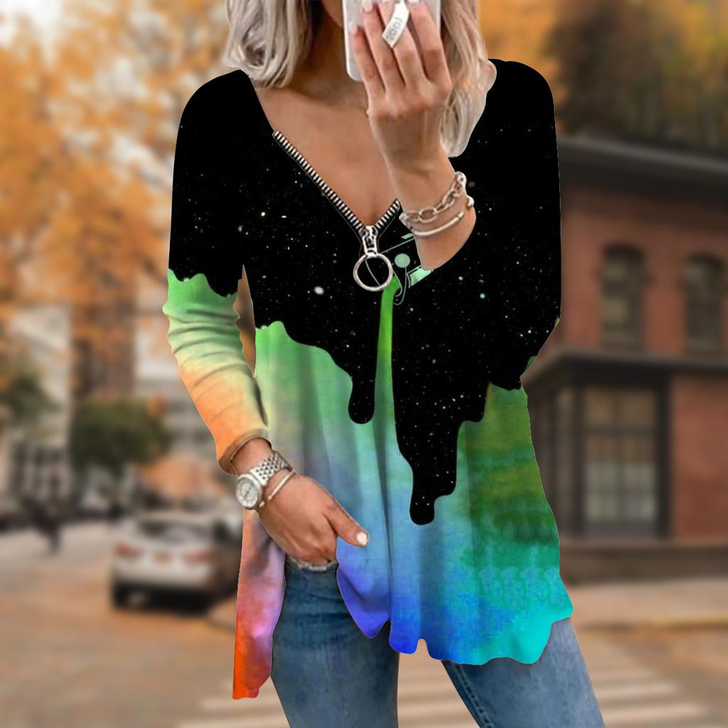 Women Autumn Bucket Pigment Printed Long Sleeve T-Shirts Loose V-Neck Plus Size Tee Shirt Tops Comfy Blouse