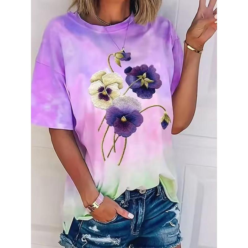 Летняя женская футболка, футболка с цветочным принтом, повседневная, праздничная, с 3D-принтами, повседневные топы с коротким рукавом, модные футболки с круглым вырезом для женщин