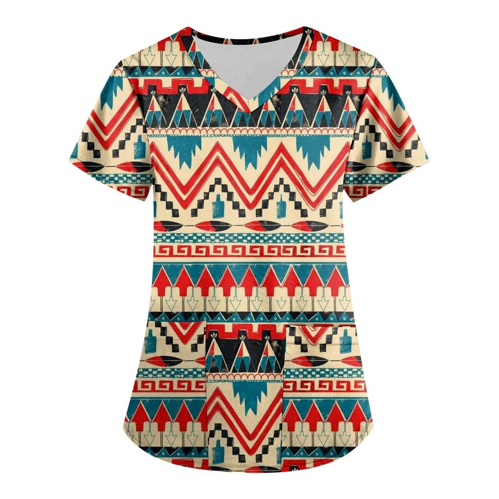 Women's Ethnic Printed Short Sleeve V-neck Tops Working Pocket Blouse