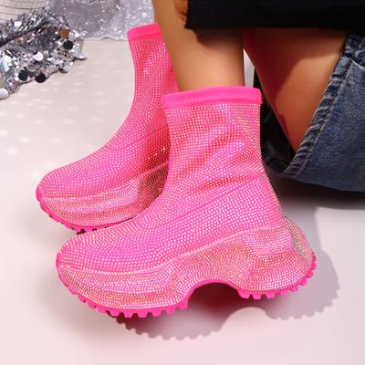 Модные хрустальные туфли на высоком каблуке женские ботильоны на платформе модные элегантные туфли 2025 зима готические ботинки челси удобные сапоги до середины икры