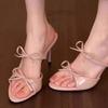High Heels Women's Summer 2025 New French Nude Word with Bow Sandals Round Head Stiletto Slippers Women