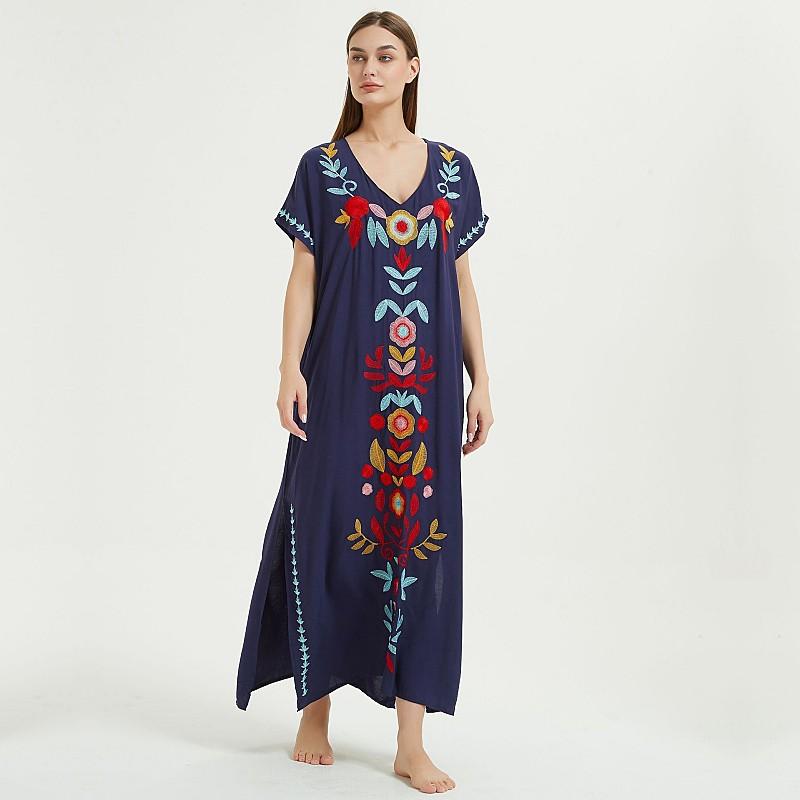 Летнее пляжное платье с v-образным вырезом и короткими рукавами, Инди-фолк, большие размеры, повседневное длинное платье, женский купальник, накидка