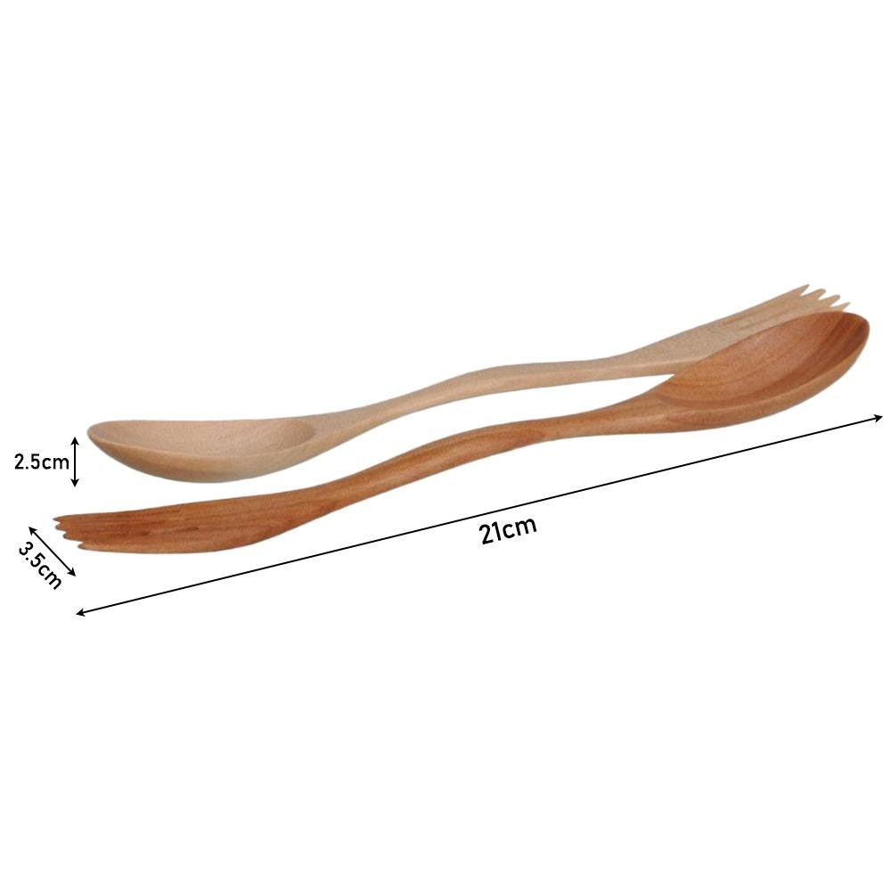 Cutlery Dinner Fruit Spoon Fork Natural Wood 2 In 1 Dual Head