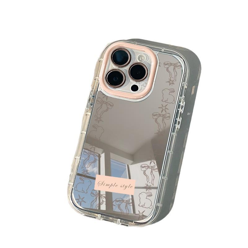 Чехол для iPhone с кроликом и бантом: Совместим с Apple 17 Pro Max, 16, 15, 14 - Милый дизайн с зеркальным кремовым чехлом