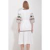 Women's White Full Collar Balloon Sleeve Lined Belted Embroidery Dress Alc-x11571
