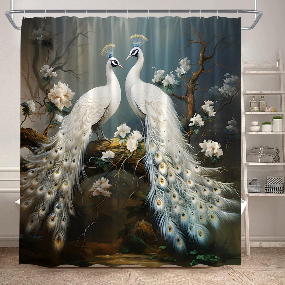 Blue Peacocks Shower Curtains Forest Trees Plants Flowers Waterfall Scenery Polyester Fabric Bathroom Curtain Decor With Hooks