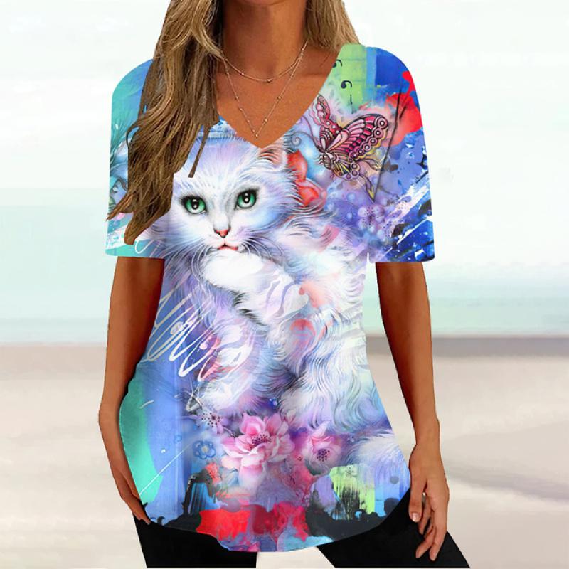 2023 модная женская одежда, топы с короткими рукавами и 3d цветным принтом кошки, повседневные уличные пуловеры, летние женские футболки больших размеров