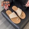 Holiday Metal Temperament Square Head Flats Summer Grass Woven Cover Toe Cool Slippers Women