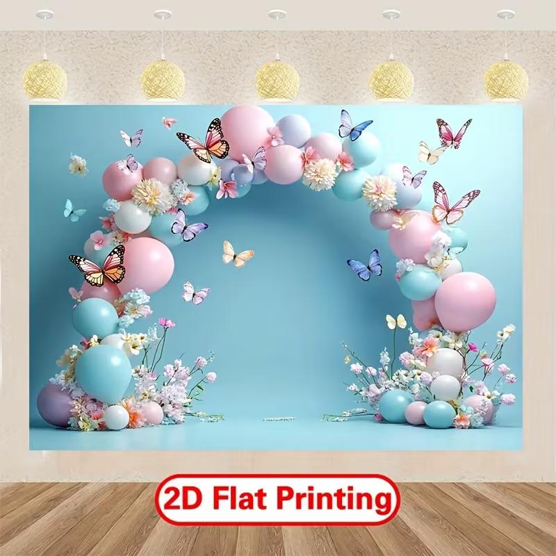 2D Flat Print Pastel Blue Balloon Butterfly Backdrop, Spring Floral Party Decoration Background for Photo Studio