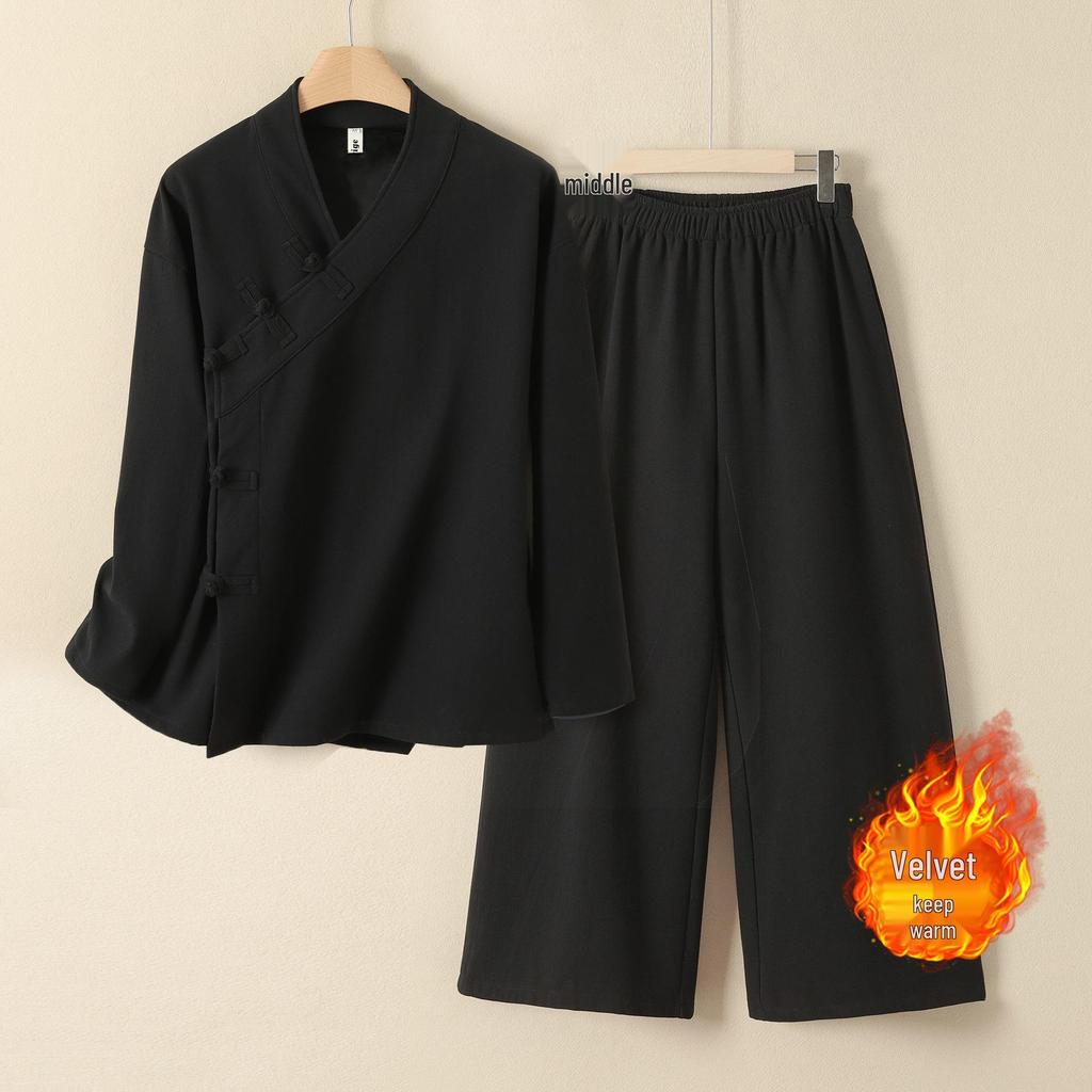 Women's Autumn/Winter Cotton Linen Hanfu: Velvet-Lined Chinese Style Long Sleeve Cardigan Monk Robe for Tea Ceremony