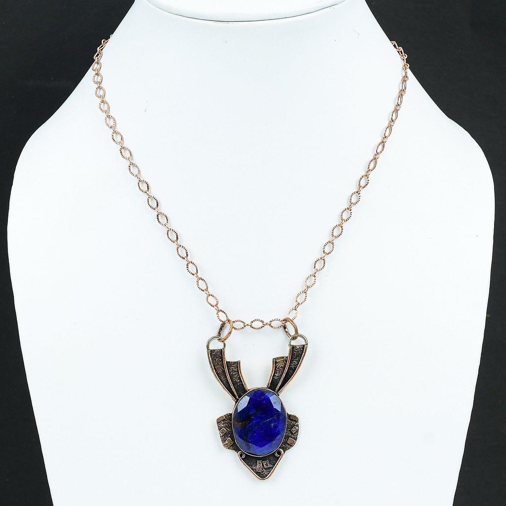 Кулон с граненым синим сапфиром, медный кулон, подвеска с драгоценным камнем, медные украшения, подвеска ручной работы, подарок на особый случай, лучшее дизайнерское украшение