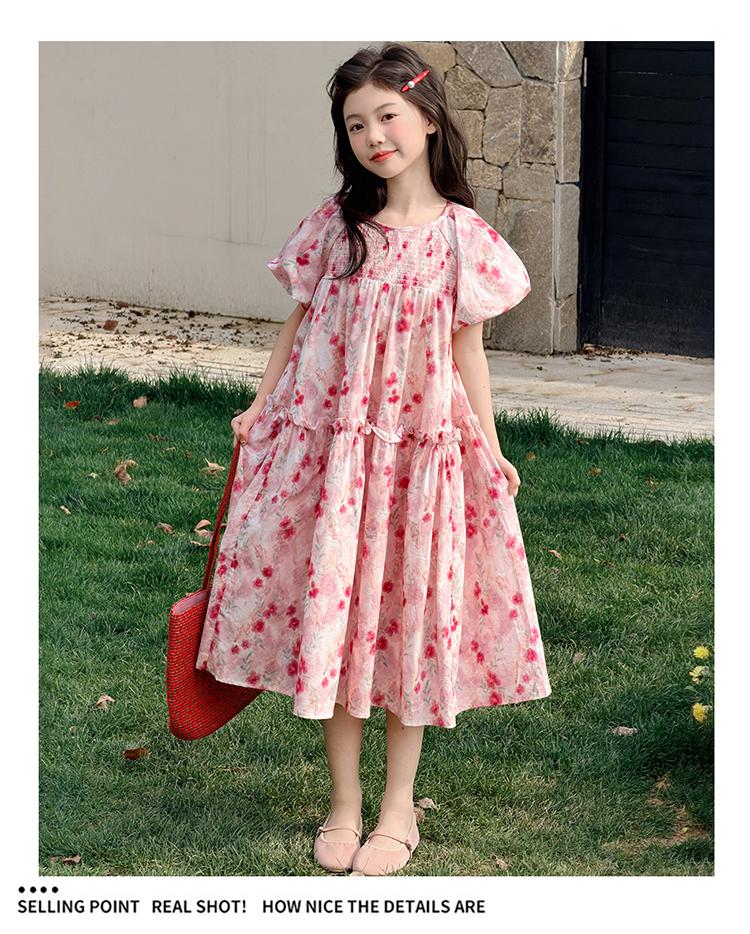 Girls' dress summer 2026 new item beautiful floral bubble sleeves princess dress summer dress children's dress