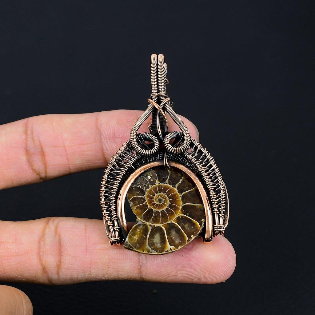 Amazing Ammonite Fossil Gemstone Handmade Pure Copper Wire Wrapped Pendant Jewelry
