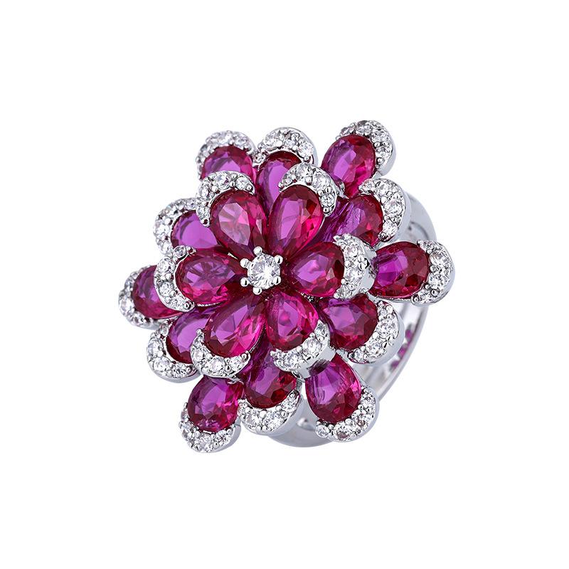 New Luxury Double Layer Flower Design Jewelry Set Pink Ruby Lab Diamond Pendant Necklace Earrings Ring Leather Bracelet 4 Pieces