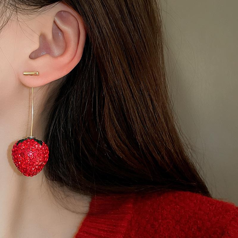 Милые серьги-гвоздики с клубникой для женщин, блестящие красные стразы, серьги с подвесками в виде фруктов, элегантные украшения, для вечеринки, свадьбы