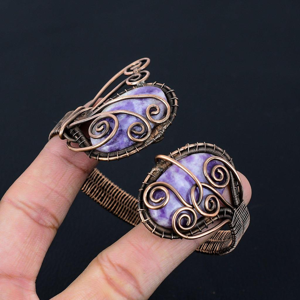 Шеврон Аметист Драгоценный камень Чистая медная проволока Обернутая манжета/браслет ручной работы Ювелирный подарок