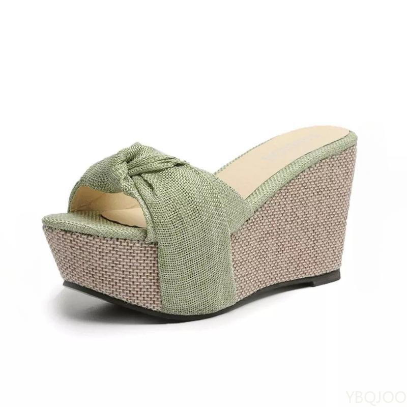 Мода Модные Крутые Шлепанцы с Рыбьим Носком Новые Наклонный Каблук Летняя Пляжная Обувь Однотонные Большого Размера Сандалии с Бантом на Каждый День