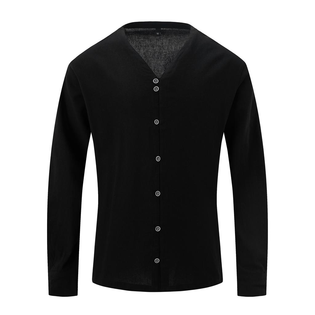 Men Stand Collar 7 Buttons Up Shirts White Black Blue Solid Long Sleeve Shirt Vintage Cotton Plus Size Tops