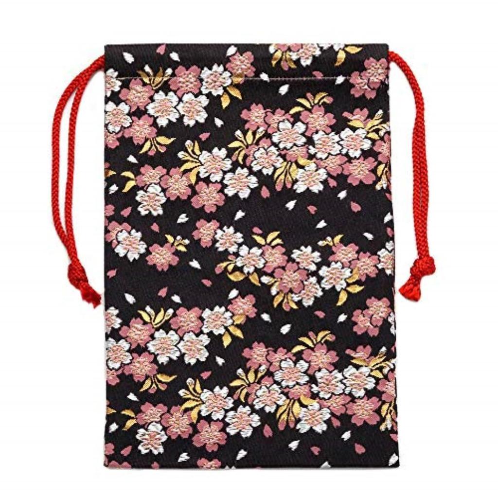 Kyoto Geibido Nishijin Brocade Drawstring Bag for Goshuincho Made In Japan with Cherry (Seal Book) (Black Blossoms)