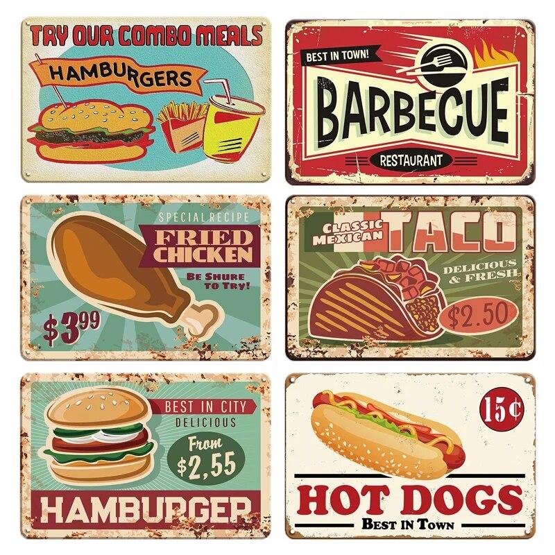Mfoever Burger Sign Best In Town Beef BBQ Vintage Decor Hotdogs Kitchen Decorations Wall Plaque Retro Decor Vintage Food Sign