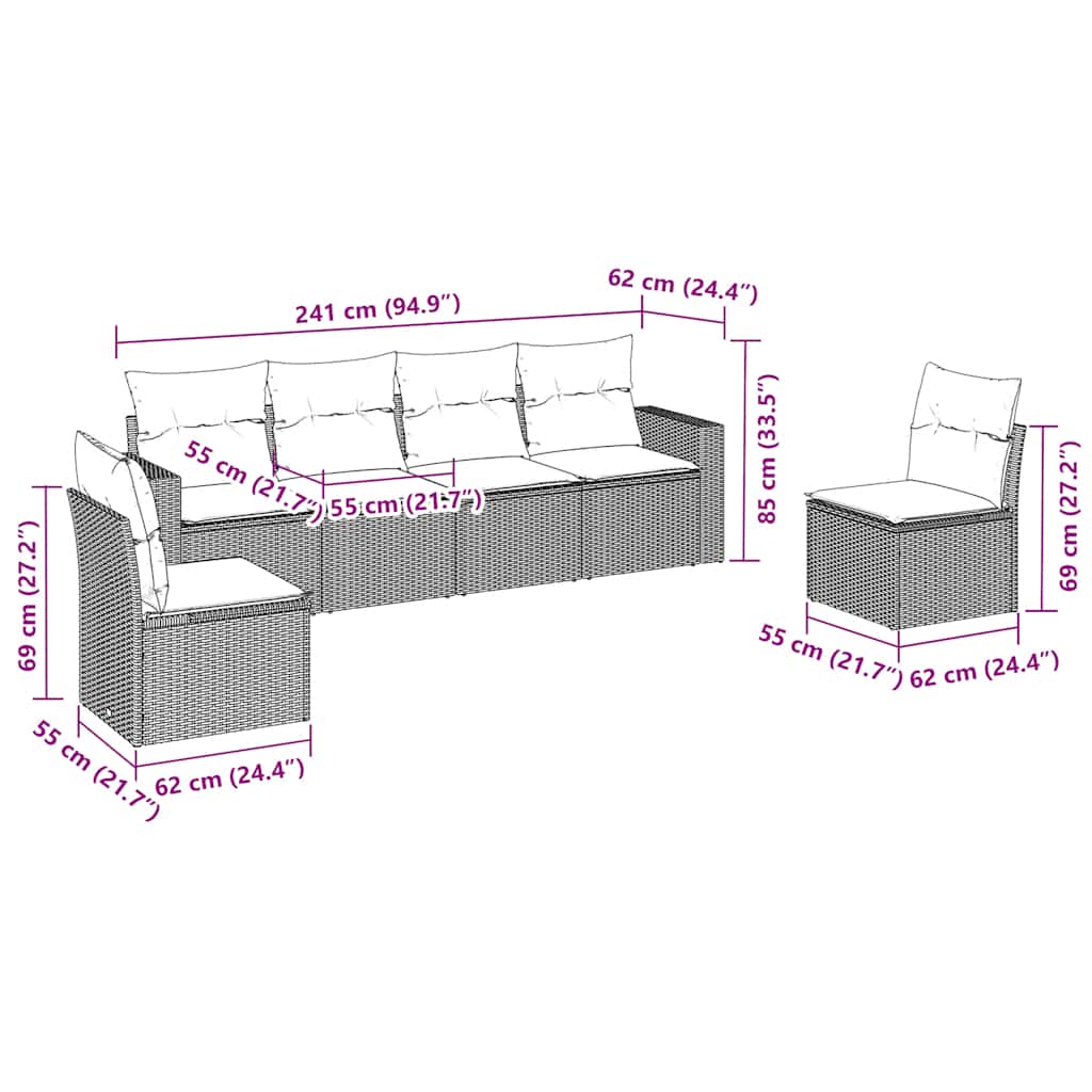 6 Piece Garden Sofa Set with Cushions Brown Poly Rattan