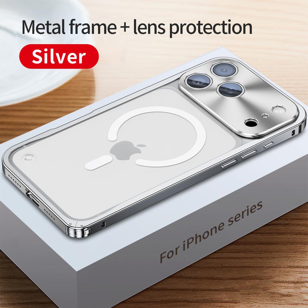 Metal Frame Magnetic Phone Case For iPhone 17 12 13 14 15 16 Pro Max Aluminum Alloy Full Lens Protection Cover For iPhone 16 Plating Metal Back Case