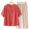 Women's Tencel Linen Embroidered Short-Sleeve T-Shirt & Pants Two-Piece Set - Summer 2025 Collection for Middle-Aged Moms