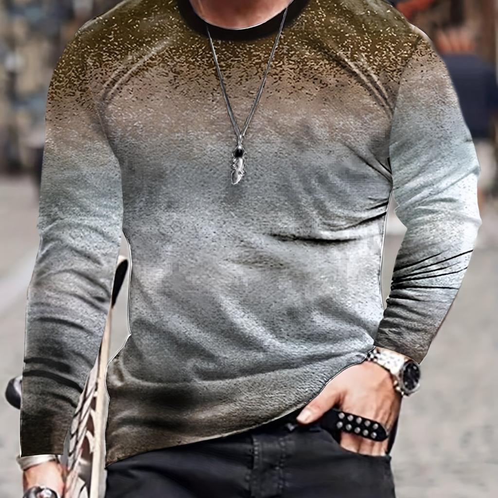 Men's 3D Printed Gradient Long Sleeve T-shirt Spring And Autumn Fashion Casual Retro Style Oversized Round Neck Tees Tops